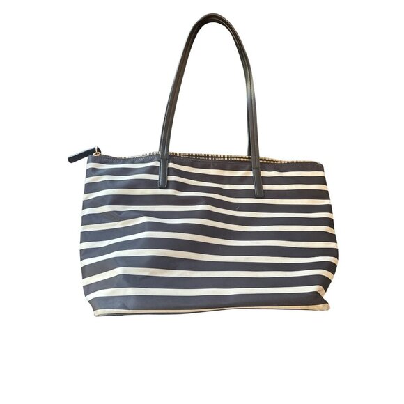 Kate Spade New York Black & White Striped Tote Bag Leather Handles Zip Closure - Picture 5 of 7